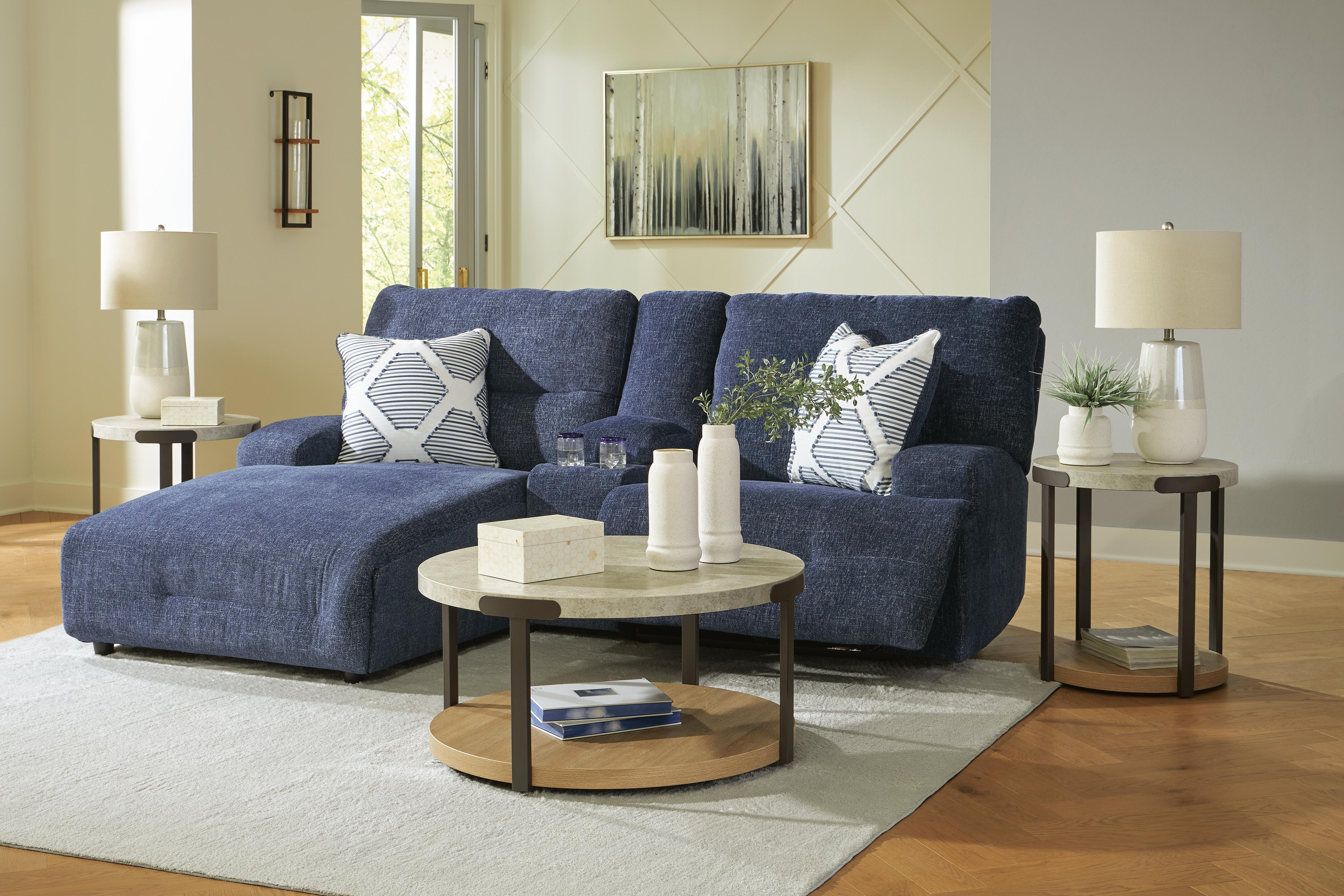 Acklen Place 3-Piece LAF Chaise Power Reclining Sectional Sofa in Navy Performance Fabric and Next-Gen Nuvella