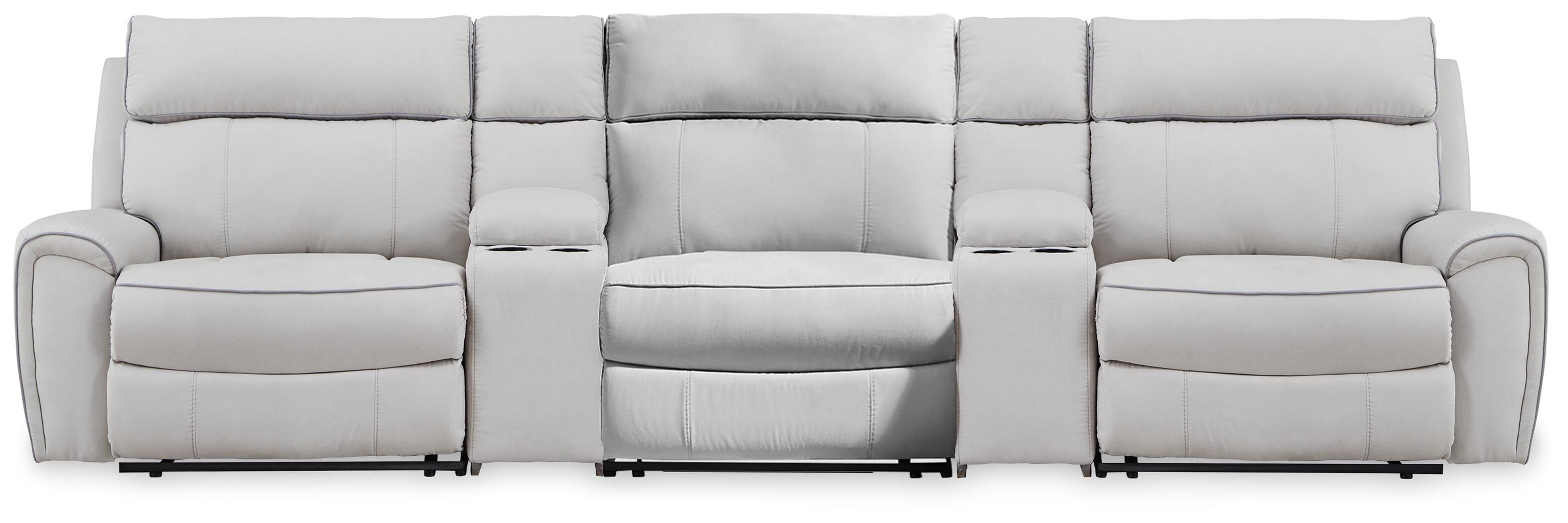 Social Pointe 5-Piece Reclining Sectional with Storage Consoles in Pearl/Ash Chenille