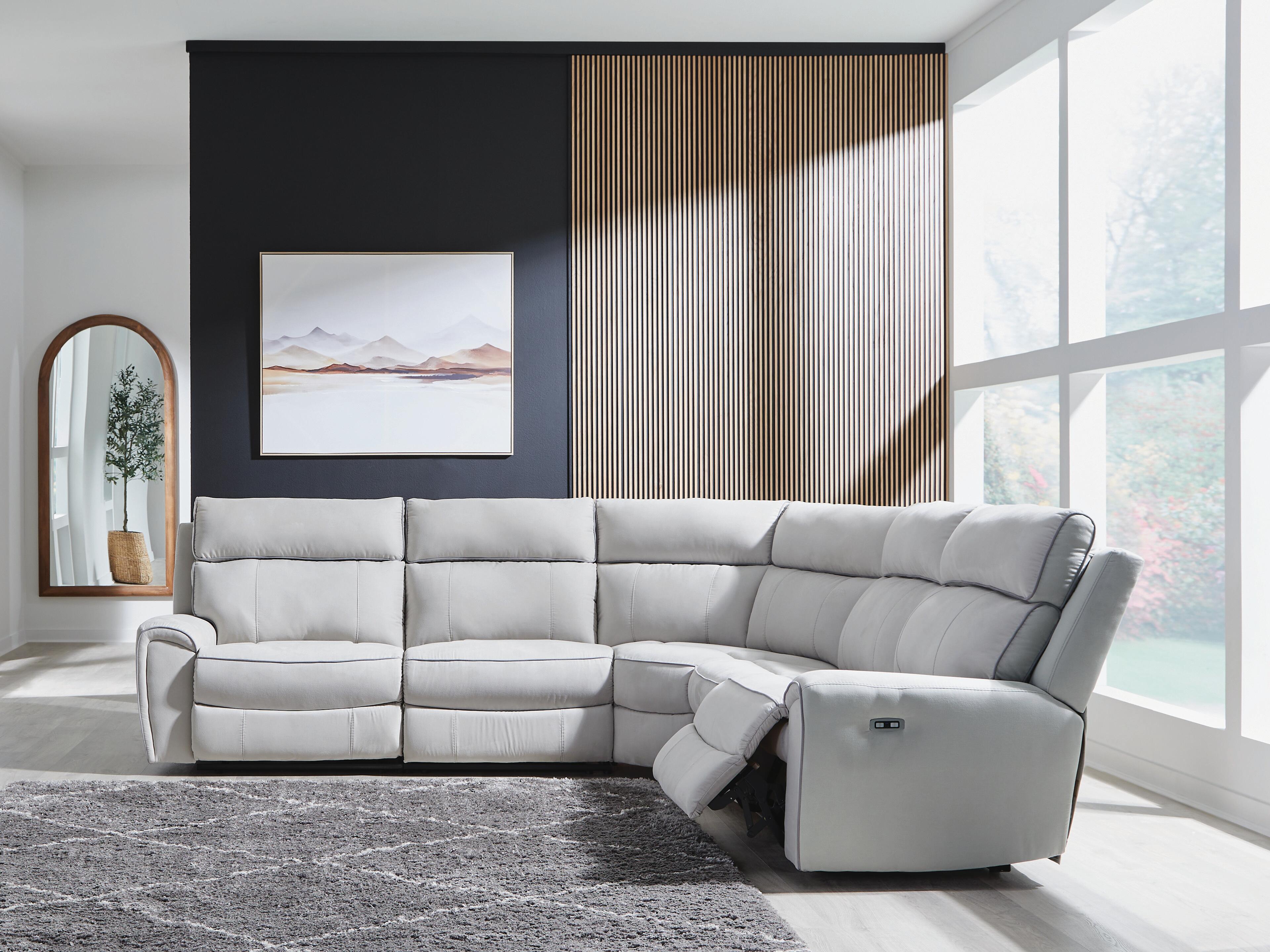 Social Pointe 5-Piece Power Reclining Sectional Sofa in Pearl/Ash Chenille