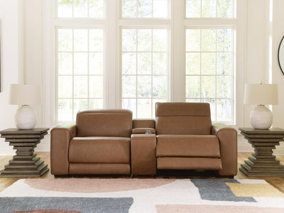 Magic Man 2-Piece Power Reclining Sectional Loveseat with Console in Caramel Leather