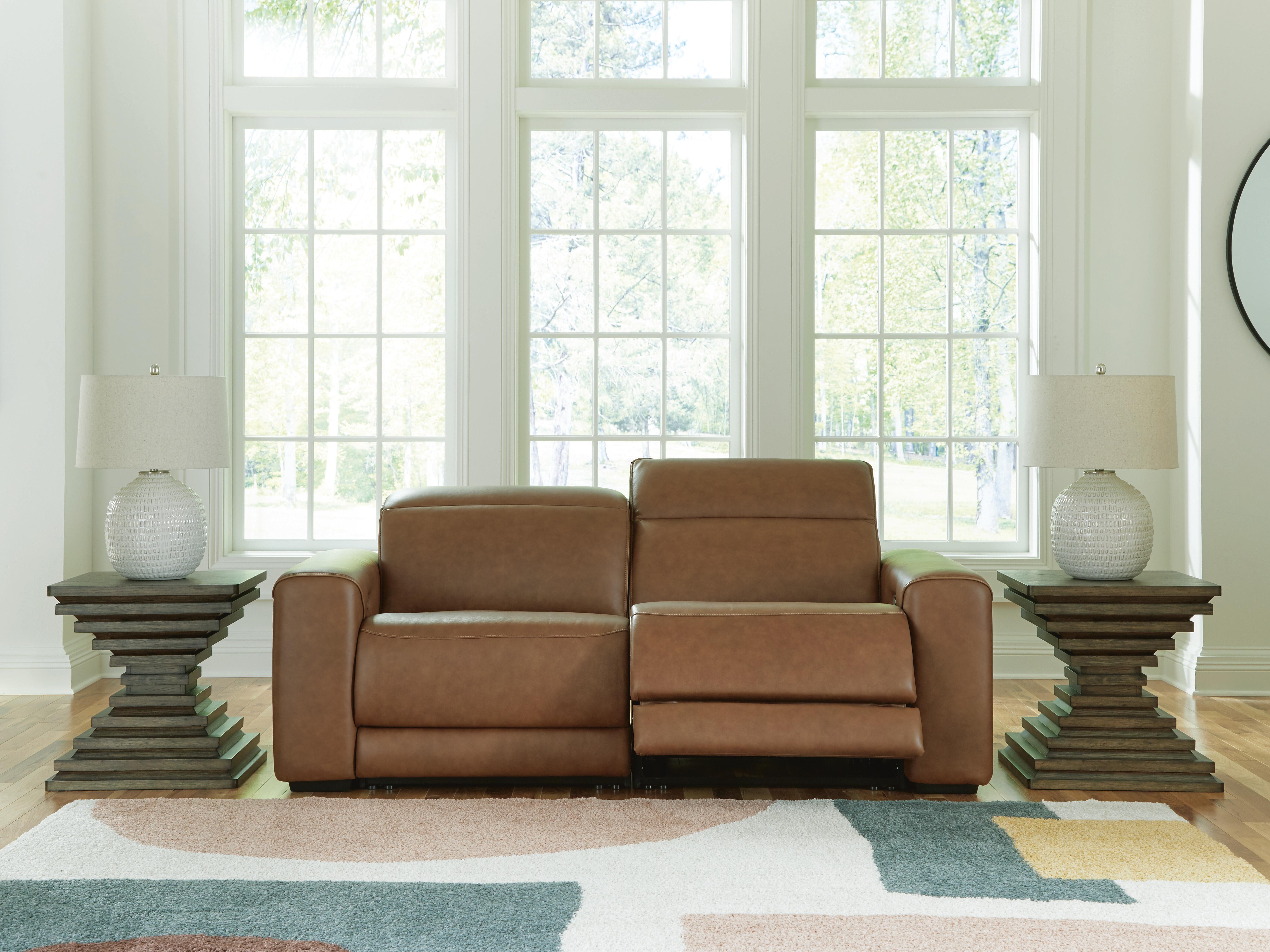 Magic Man 2-Piece Power Reclining Sectional Loveseat in Caramel Leather