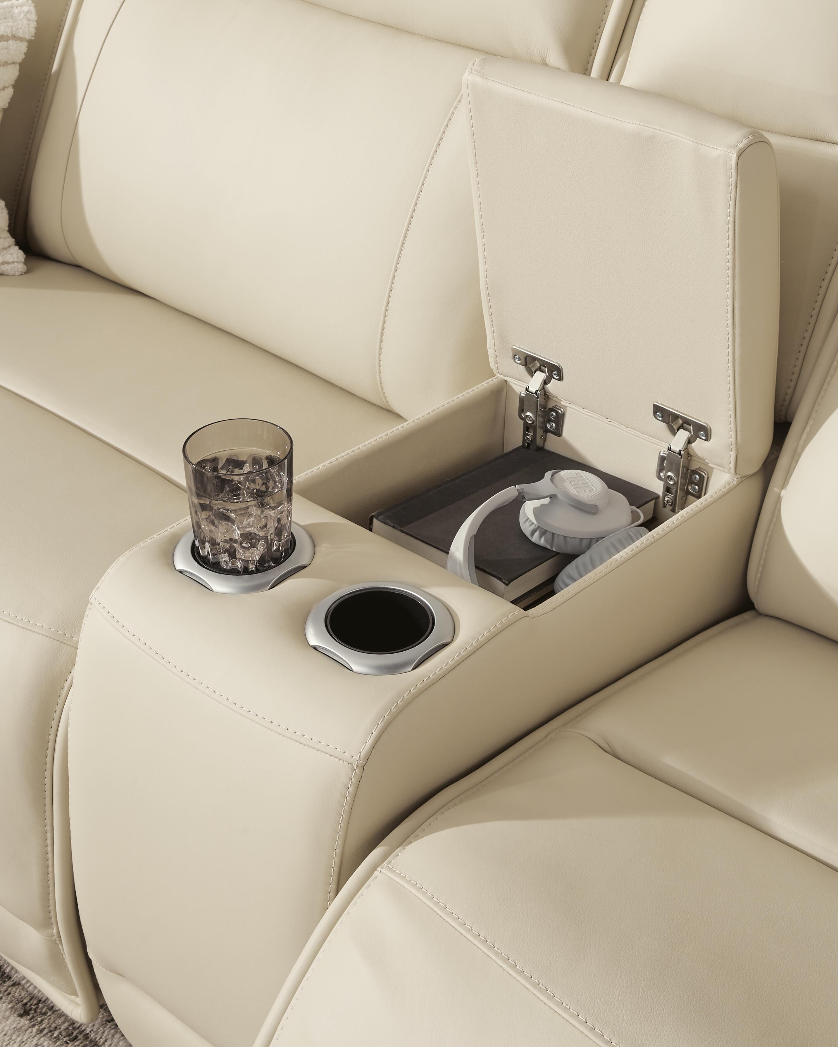 Double Deal 3-Piece Power Reclining Loveseat Sectional with Console in Almond Leather