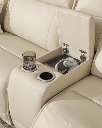 Double Deal 3-Piece Power Reclining Loveseat Sectional with Console in Almond Leather