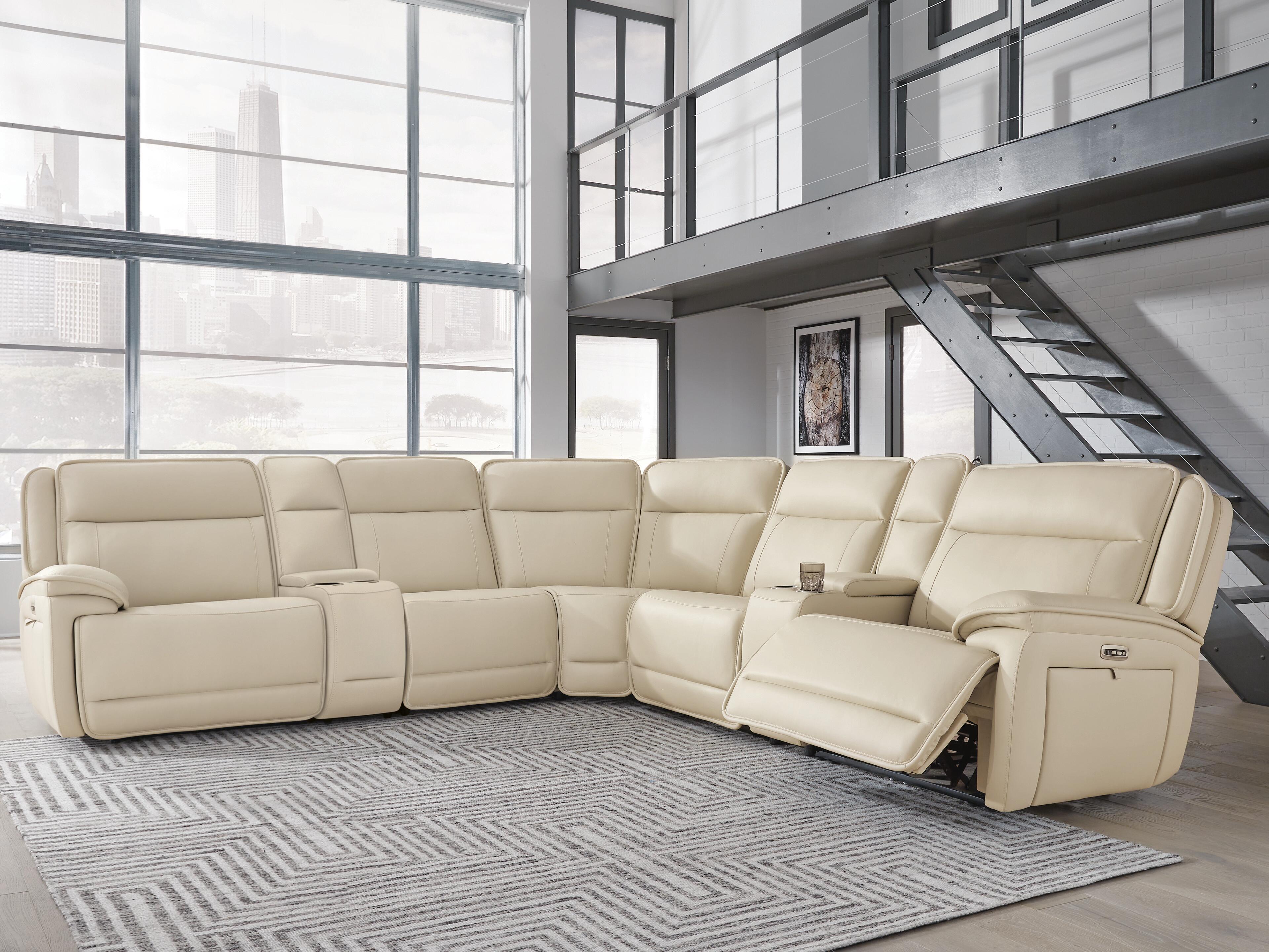Double Deal 7-Piece Reclining Sectional with 2 Consoles in Almond Leather
