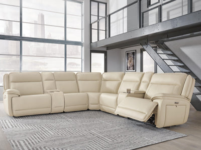 Double Deal 7-Piece Reclining Sectional with 2 Consoles in Almond Leather