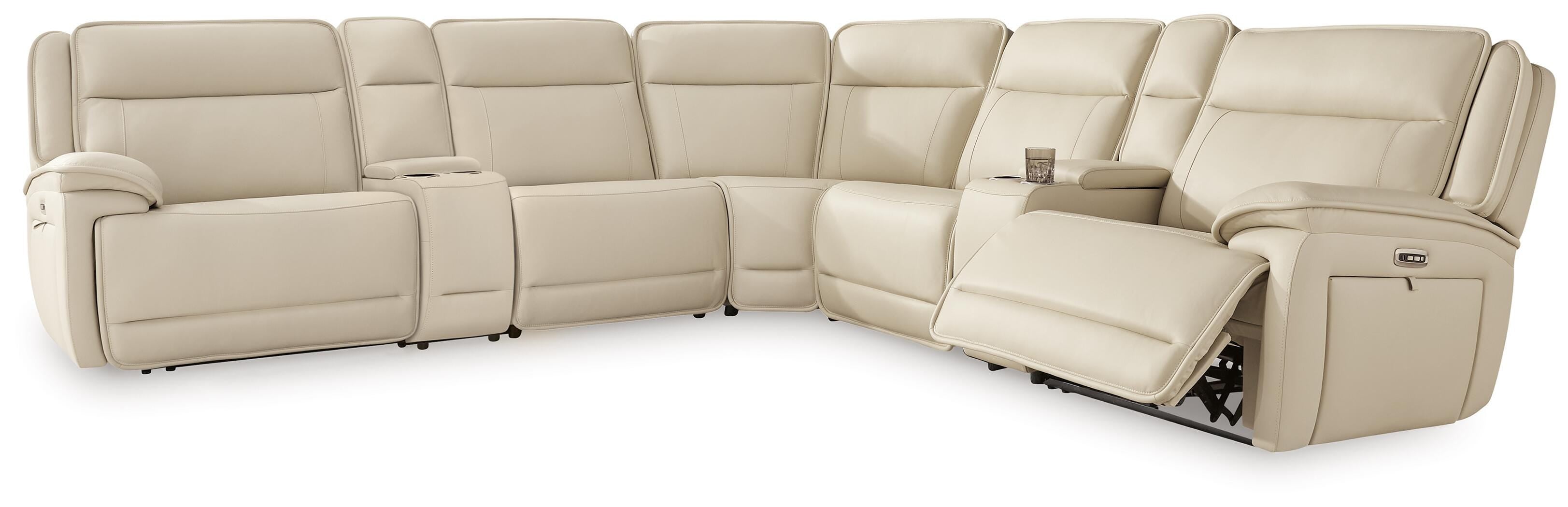 Double Deal 7-Piece Reclining Sectional with 2 Consoles in Almond Leather