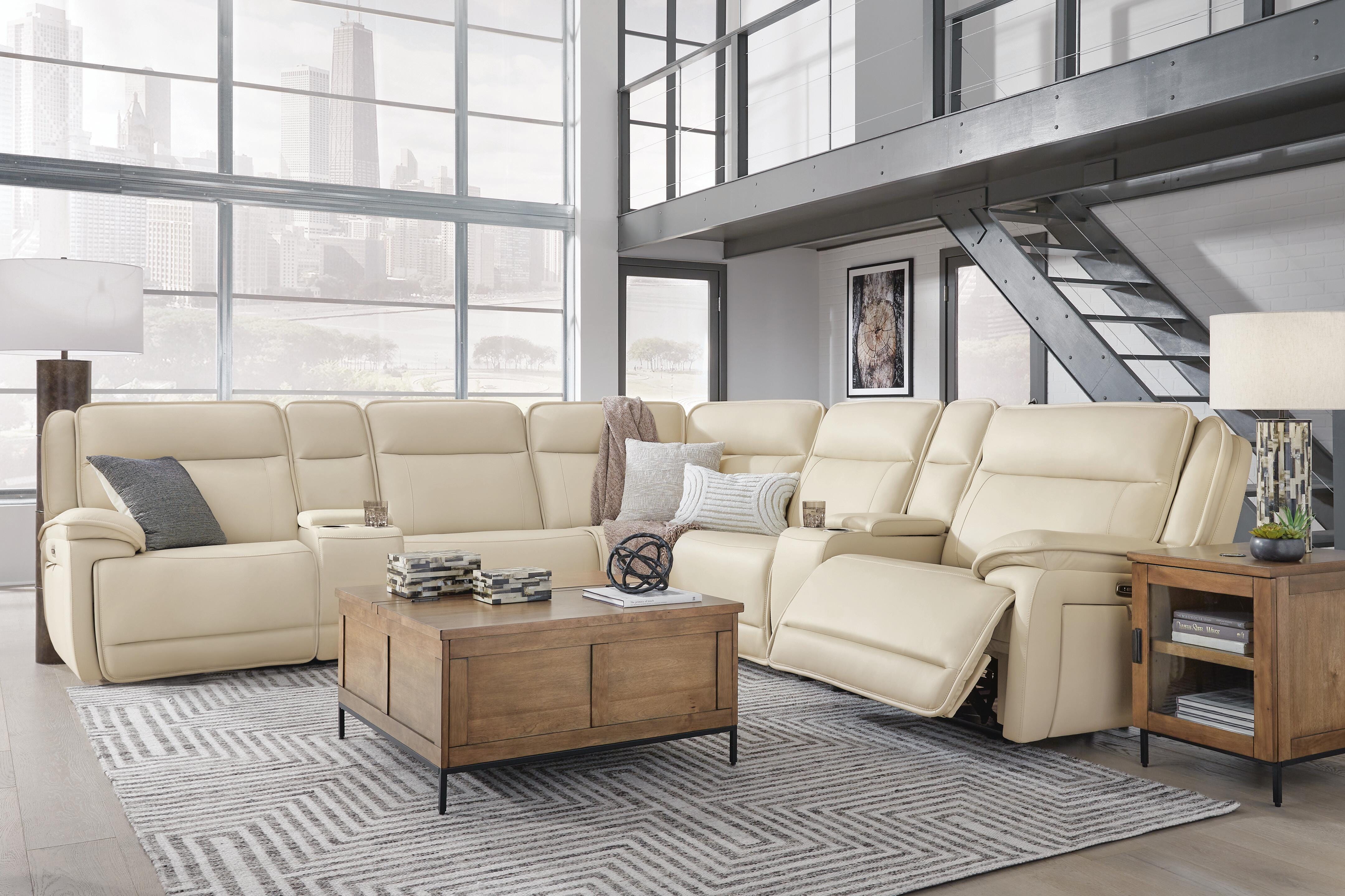 Double Deal 7-Piece Reclining Sectional with 2 Consoles in Almond Leather