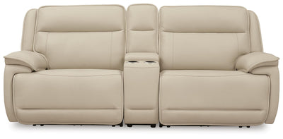 Double Deal 3-Piece Power Reclining Loveseat Sectional with Console in Almond Leather