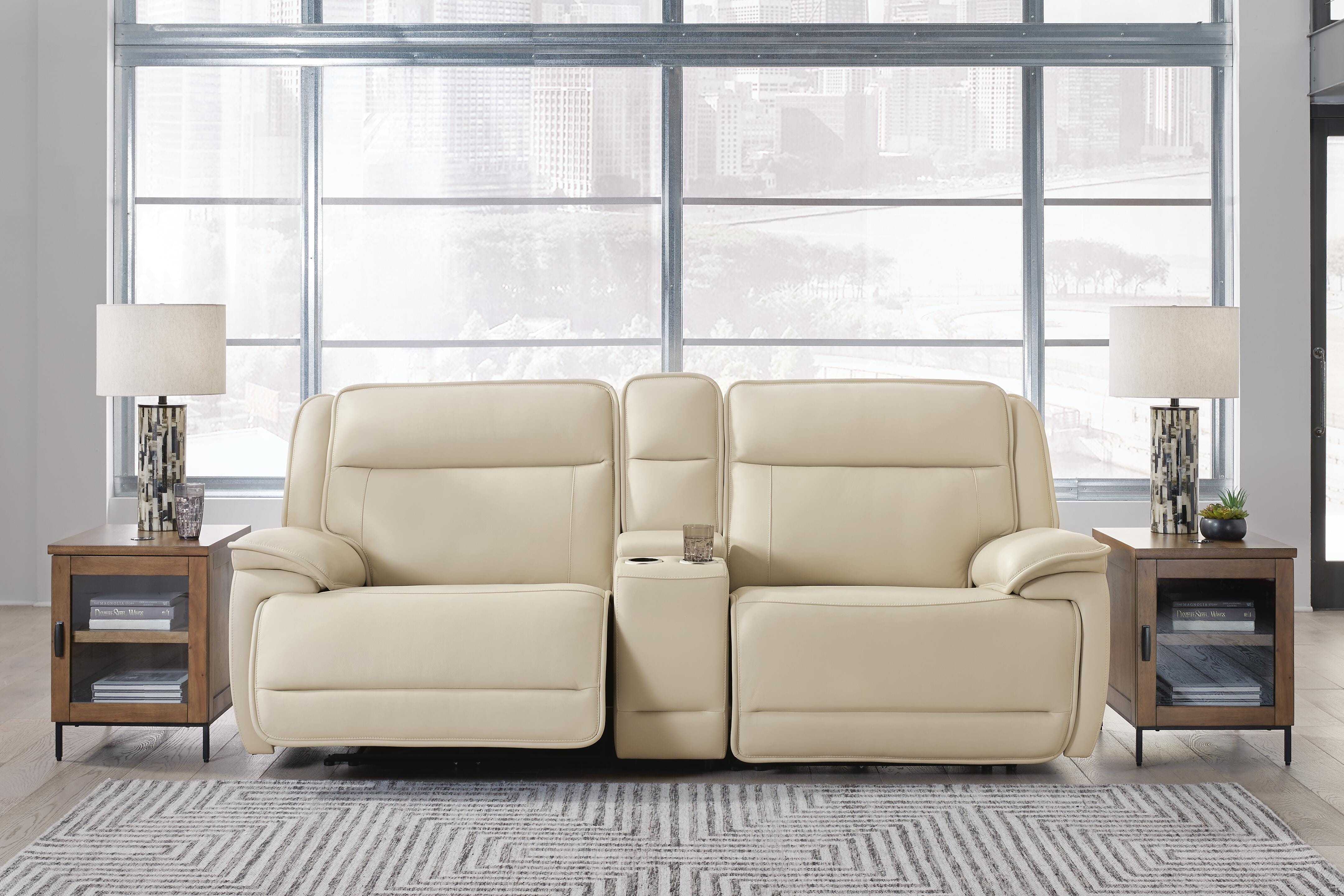Double Deal 3-Piece Power Reclining Loveseat Sectional with Console in Almond Leather