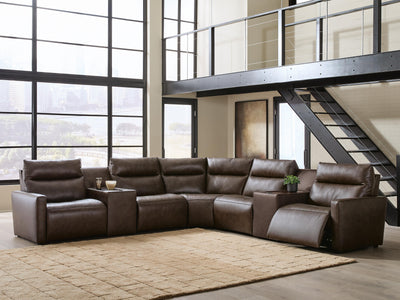 ModZ 7-Piece Power Reclining Sectional with Audio Consoles in Chocolate