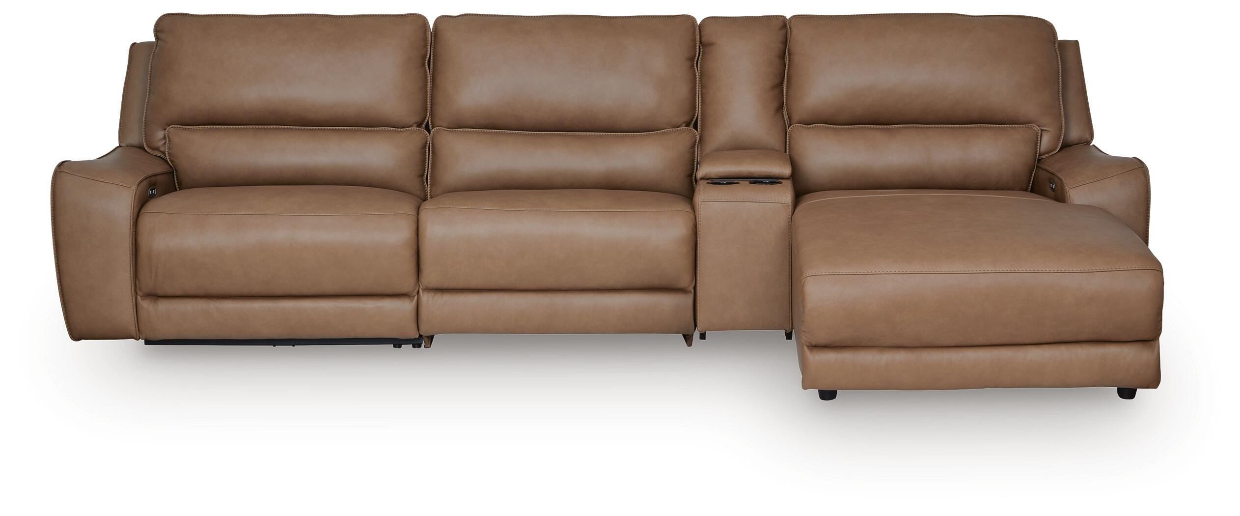 DeepWakes 4-Piece RAF Chaise Reclining Sectional and Storage Console in Caramel Leather