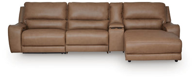 DeepWakes 4-Piece RAF Chaise Reclining Sectional and Storage Console in Caramel Leather