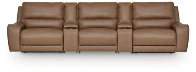 DeepWakes 5-Piece Reclining Sectional with Storage Consoles in Caramel Leather