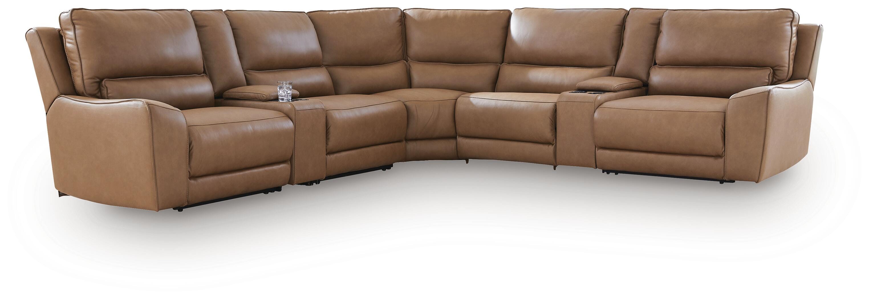 DeepWakes 7-Piece Reclining Sectional with Storage Consoles in Caramel Leather