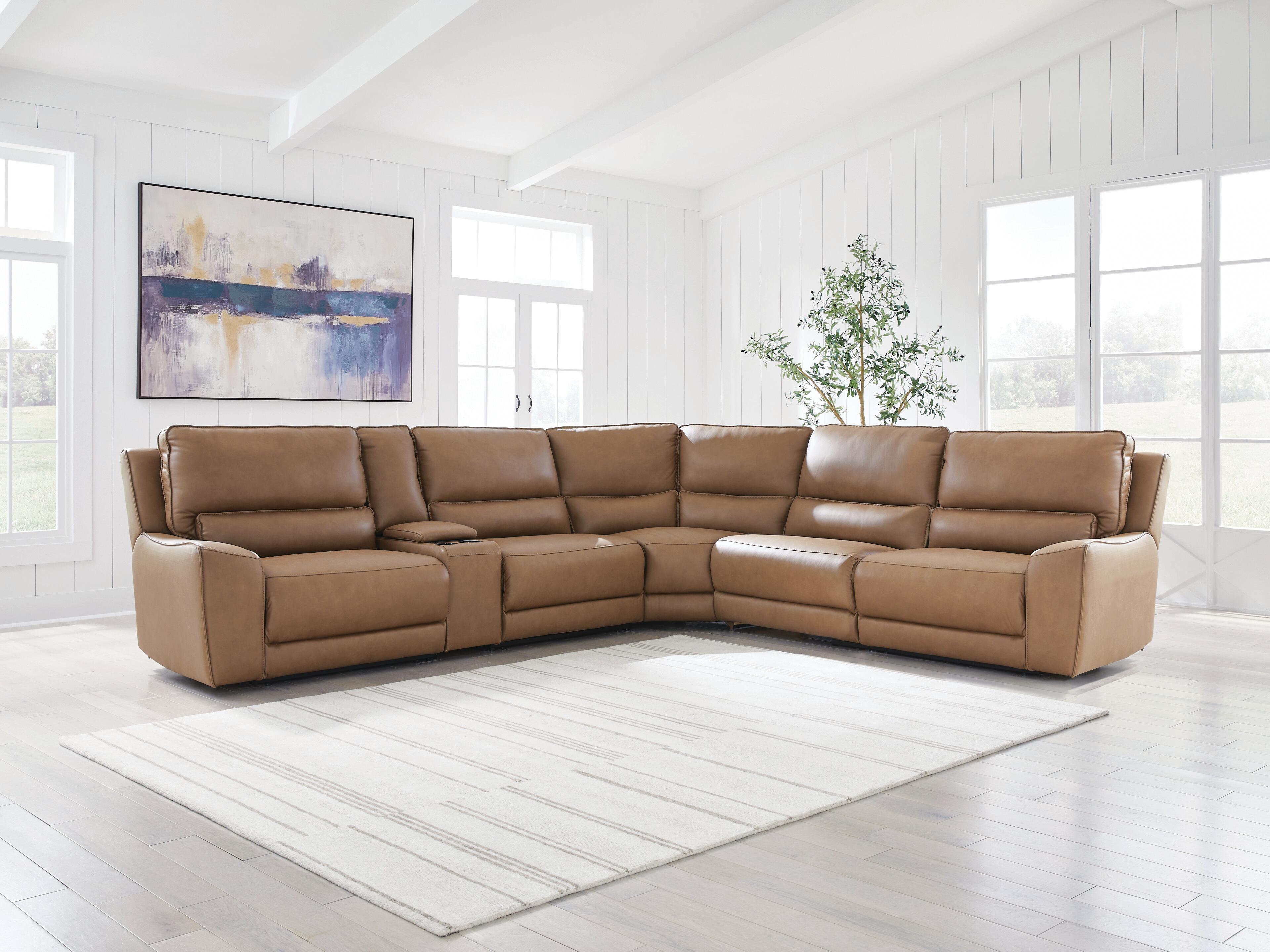 DeepWakes 6-Piece Reclining Sectional with Storage Console in Caramel Leather