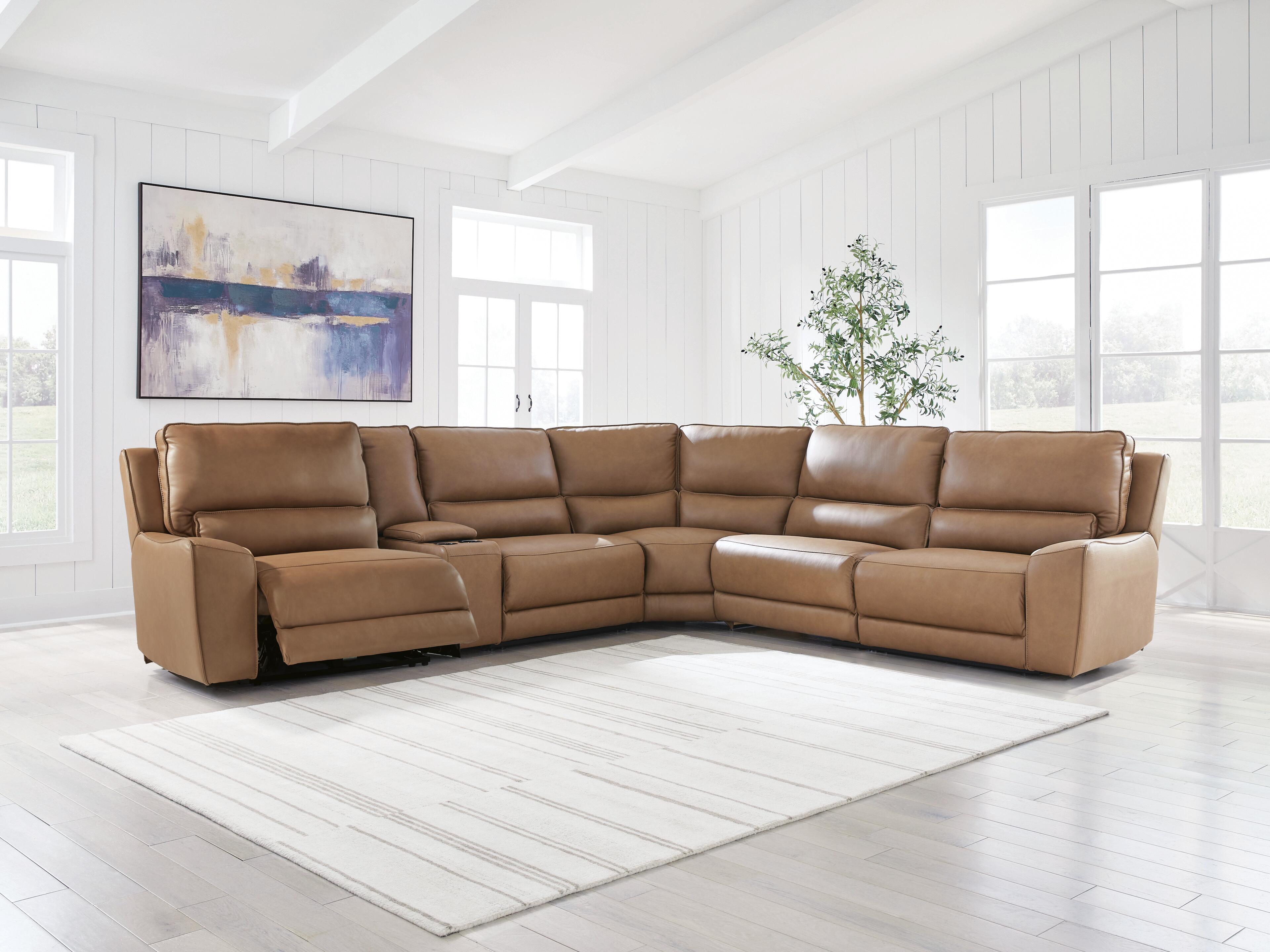 DeepWakes 6-Piece Reclining Sectional with Storage Console in Caramel Leather