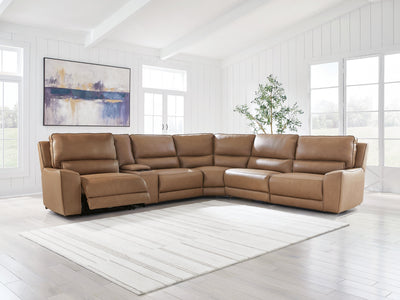 DeepWakes 6-Piece Reclining Sectional with Storage Console in Caramel Leather