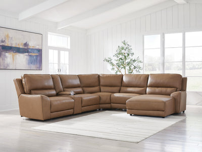 DeepWakes 6-Piece RAF Chaise Power Reclining Sectional in Caramel Leather