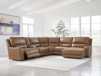 DeepWakes 6-Piece RAF Chaise Power Reclining Sectional in Caramel Leather