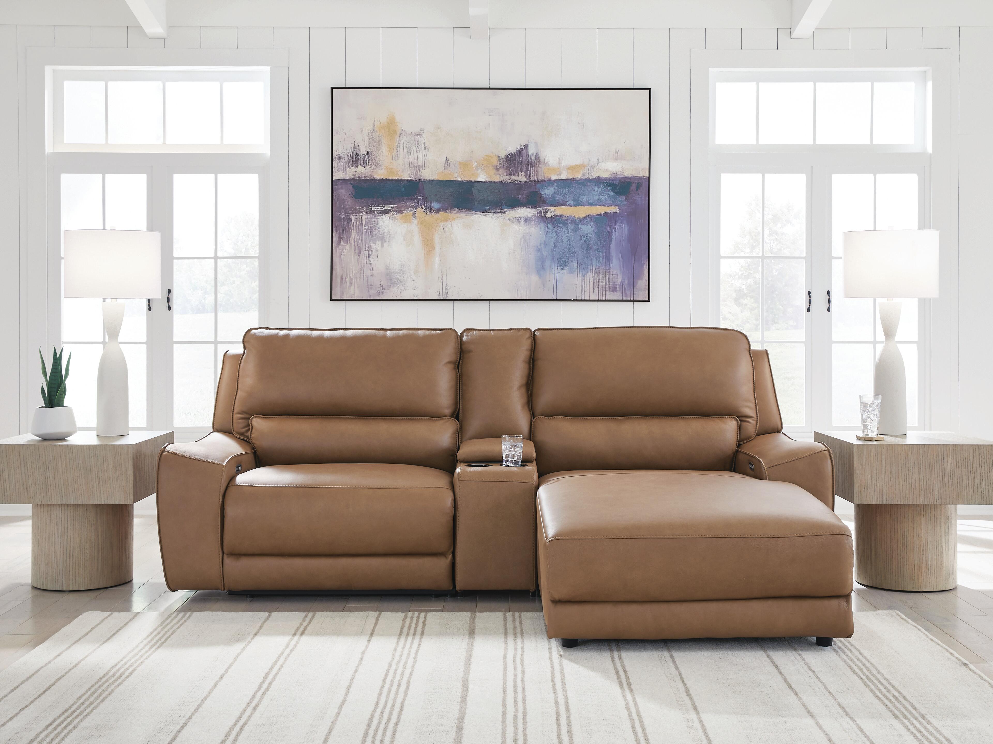 DeepWakes 3-Piece RAF Chaise Power Reclining Sectional in Caramel Leather