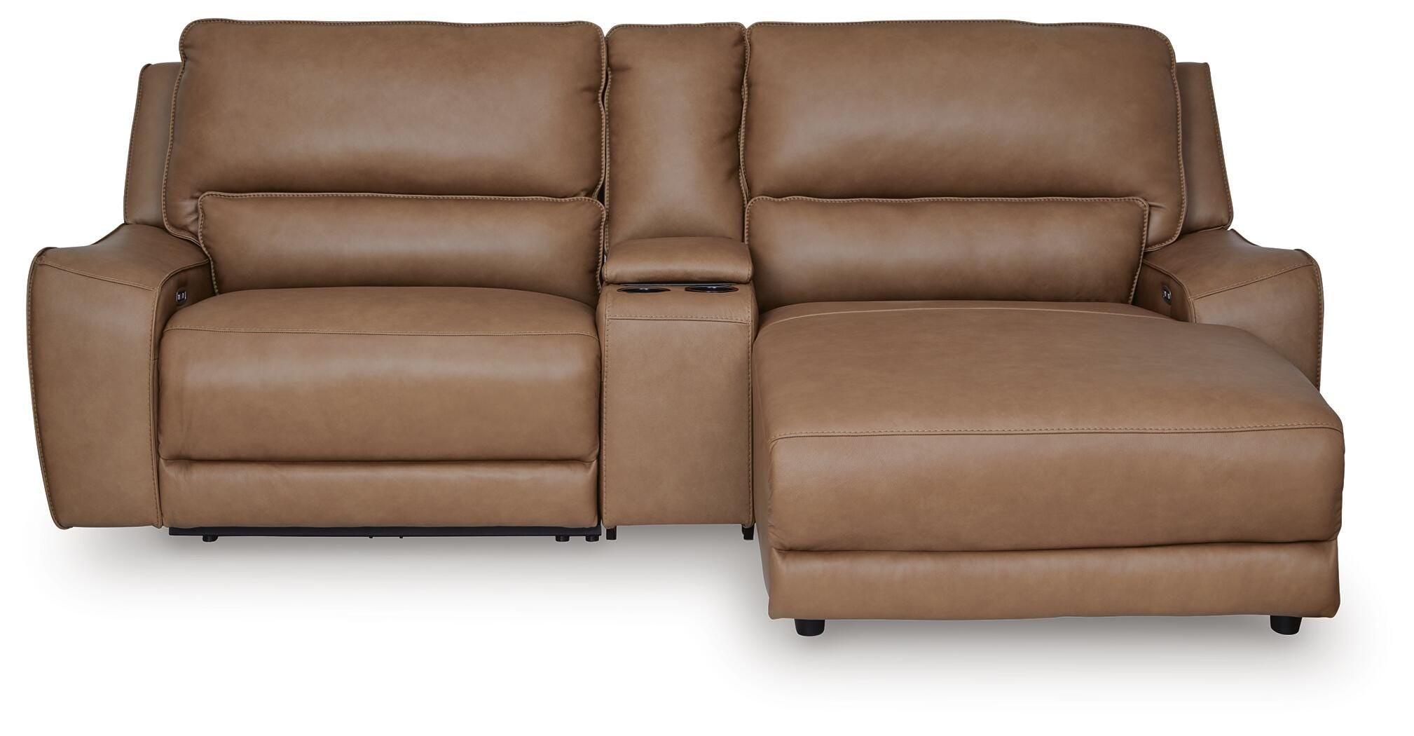 DeepWakes 3-Piece RAF Chaise Power Reclining Sectional in Caramel Leather