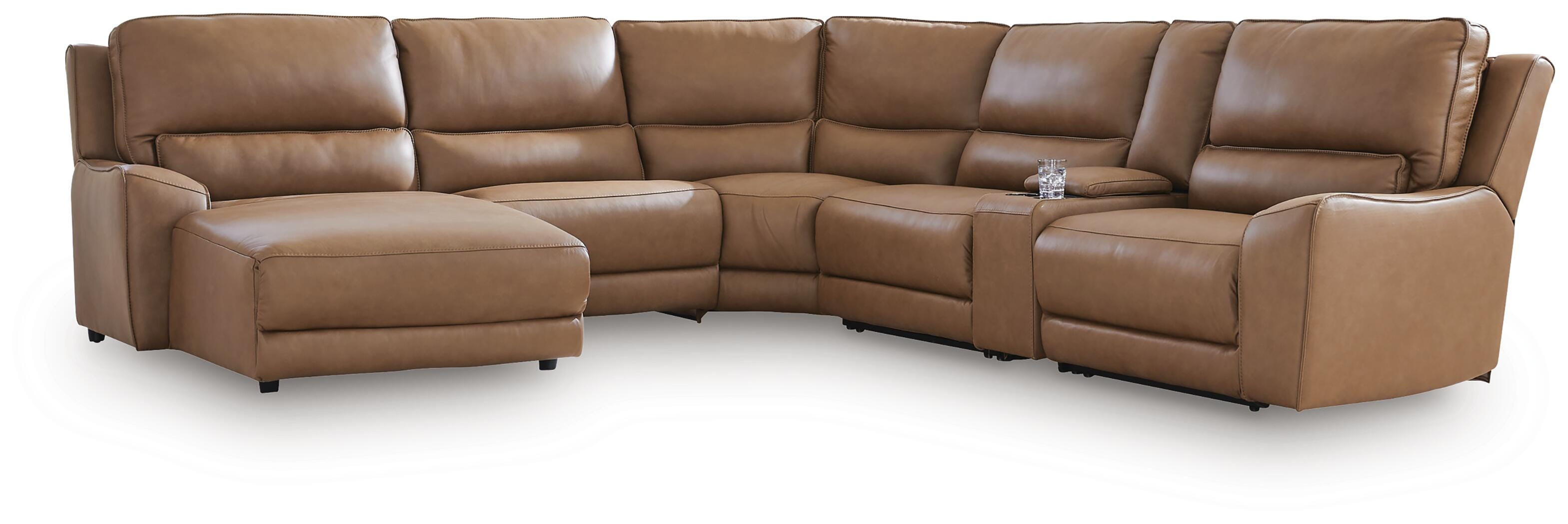 DeepWakes 6-Piece LAF Chaise Power Reclining Sectional in Caramel Leather