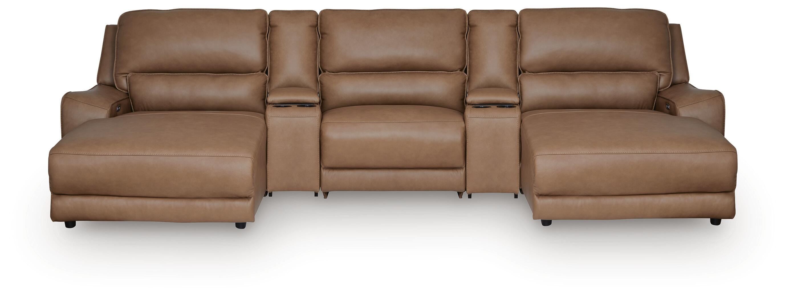 DeepWakes 5-Piece Reclining Sectional with Double Chaise and Storage Consoles in Caramel Leather