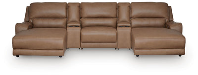 DeepWakes 5-Piece Reclining Sectional with Double Chaise and Storage Consoles in Caramel Leather