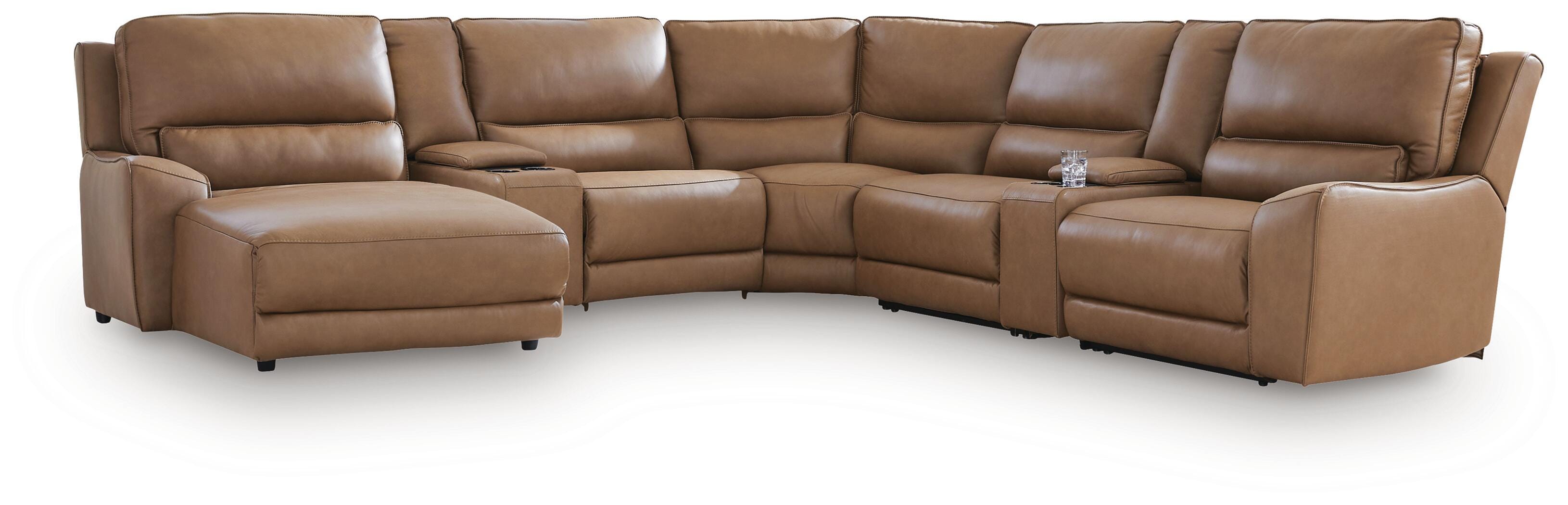 DeepWakes 7-Piece LAF Chaise Reclining Sectional and Storage Consoles in Caramel Leather