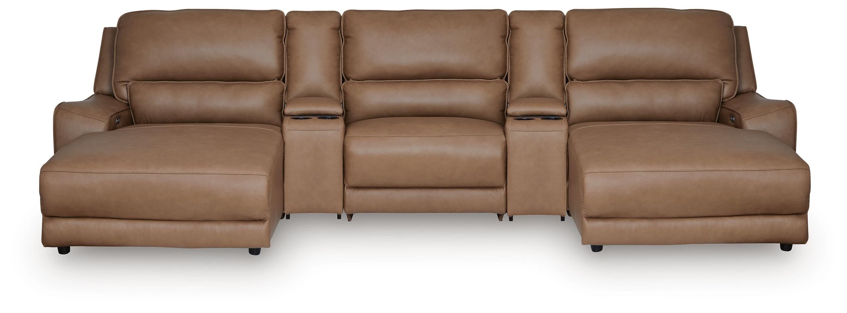 DeepWakes 5-Piece Double Chaise Power Reclining Sectional in Caramel Leather