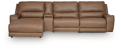 DeepWakes 4-Piece LAF Chaise Reclining Sectional and Storage Console in Caramel Leather