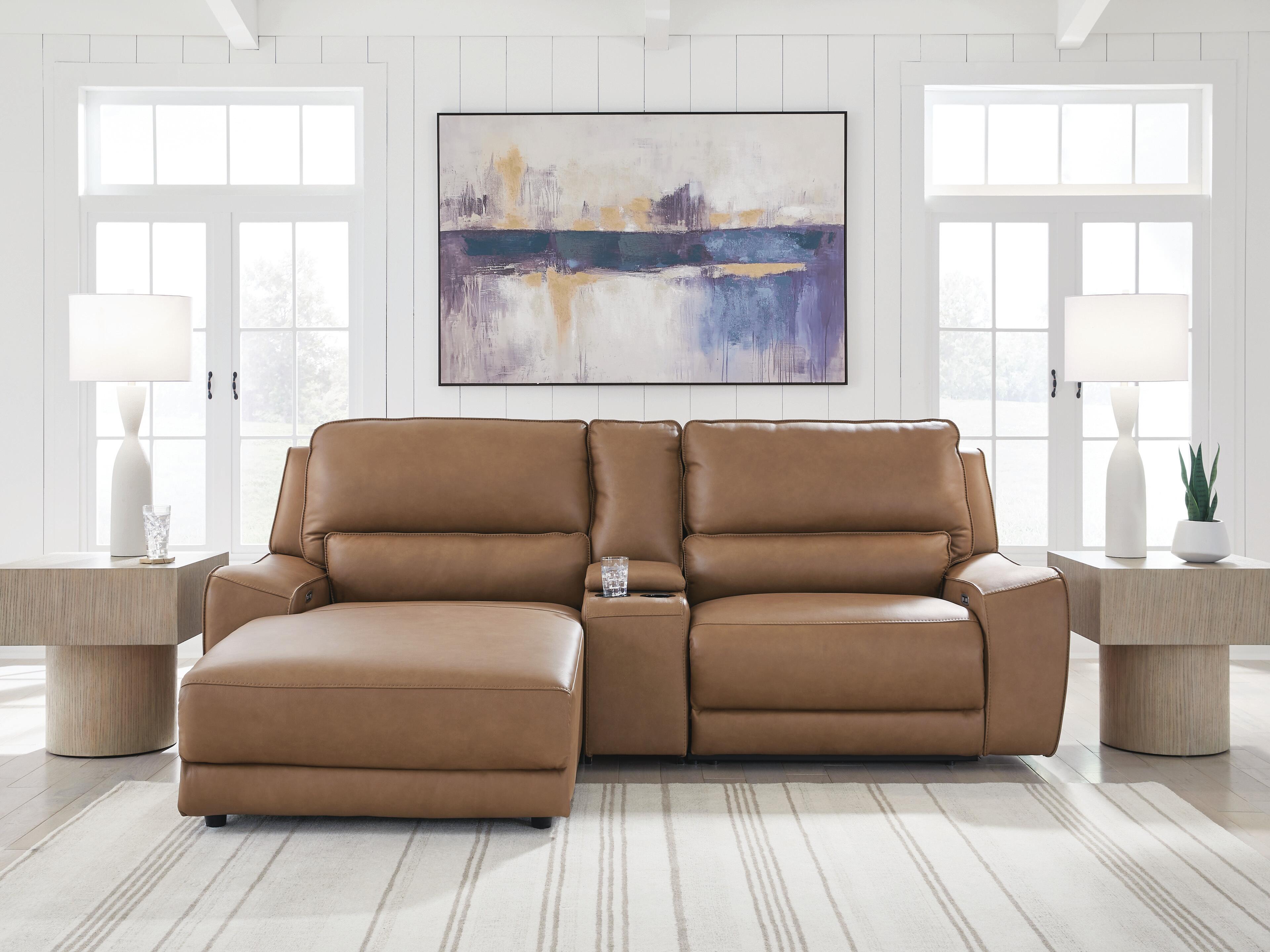 DeepWakes 3-Piece LAF Chaise Power Reclining Sectional in Caramel Leather