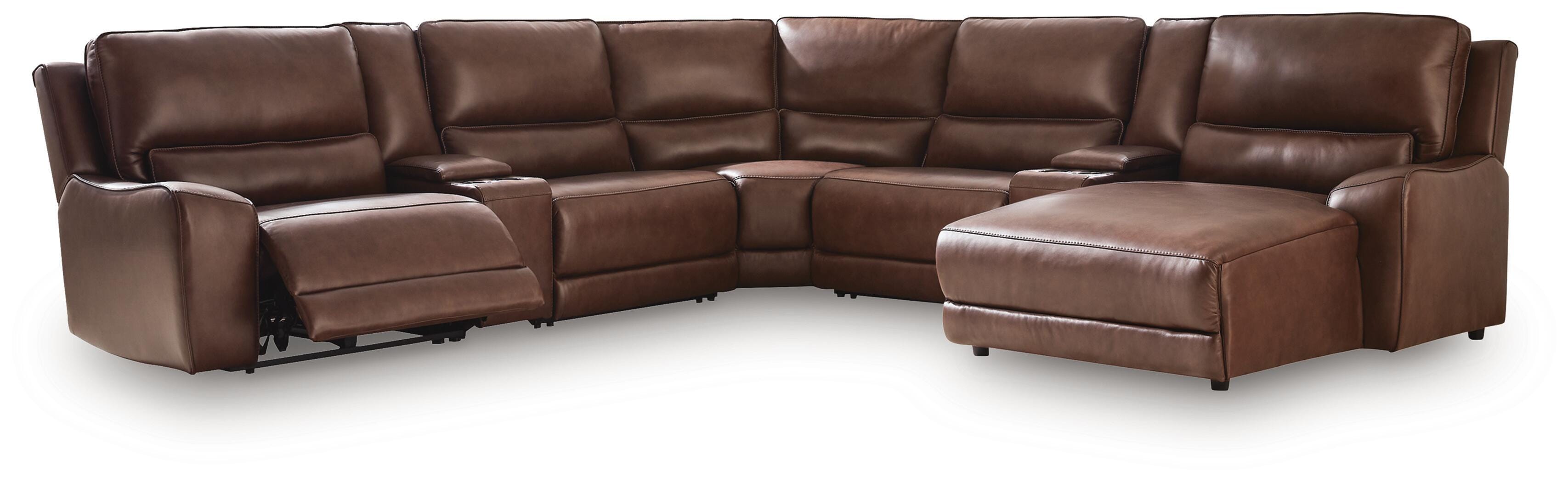 DeepWakes 7-Piece RAF Chaise Reclining Sectional and Storage Consoles in Canyon Leather