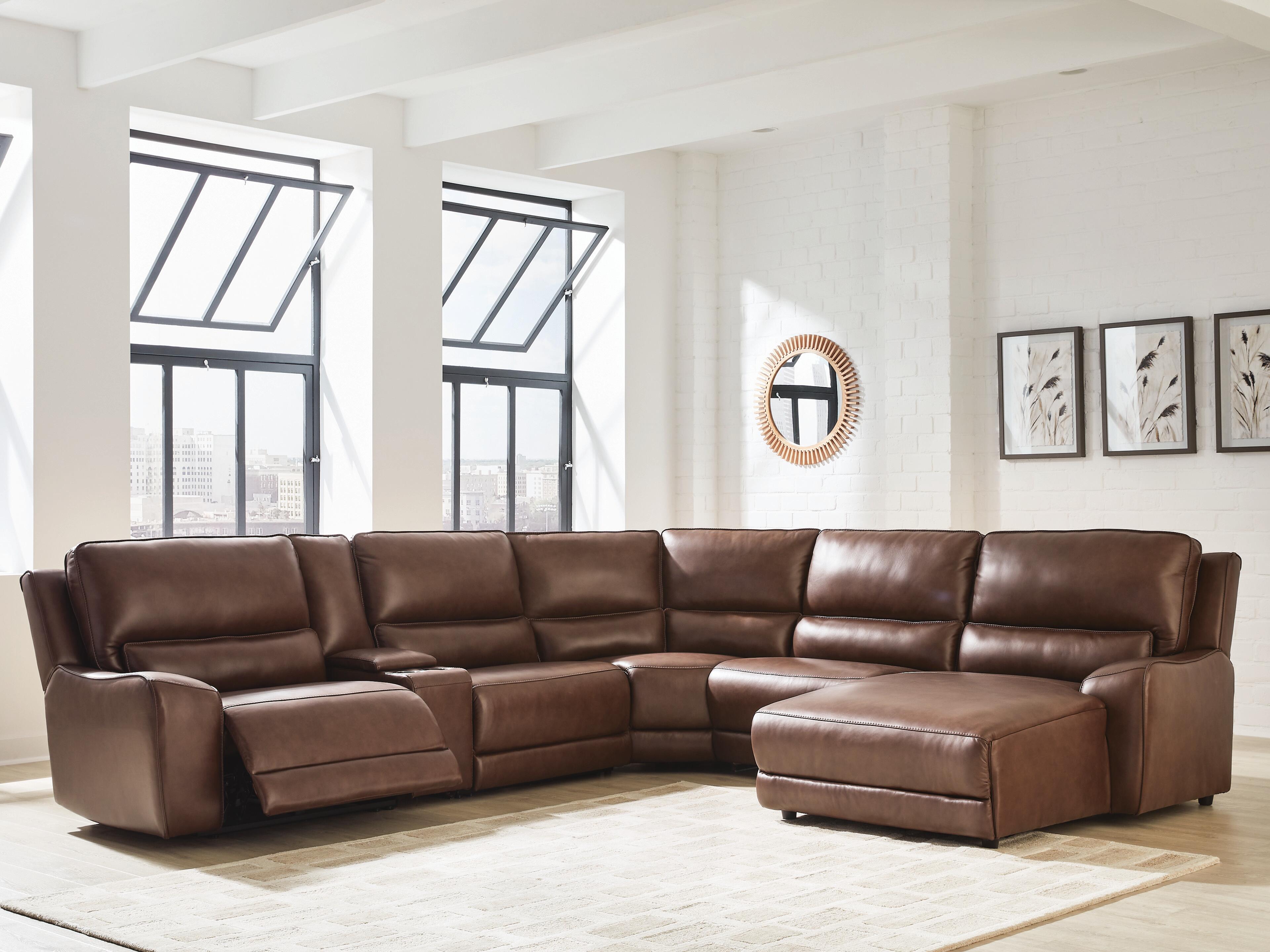 DeepWakes 6-Piece RAF Chaise Power Reclining Sectional in Canyon Leather