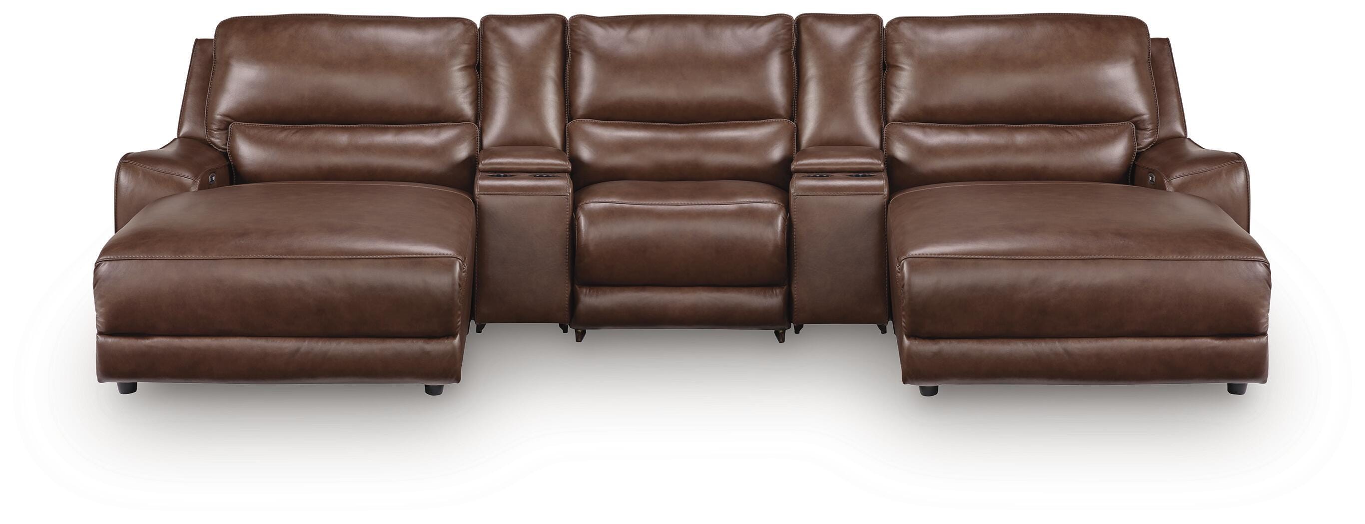 DeepWakes 5-Piece Reclining Sectional with Double Chaise and Storage Consoles in Canyon Leather