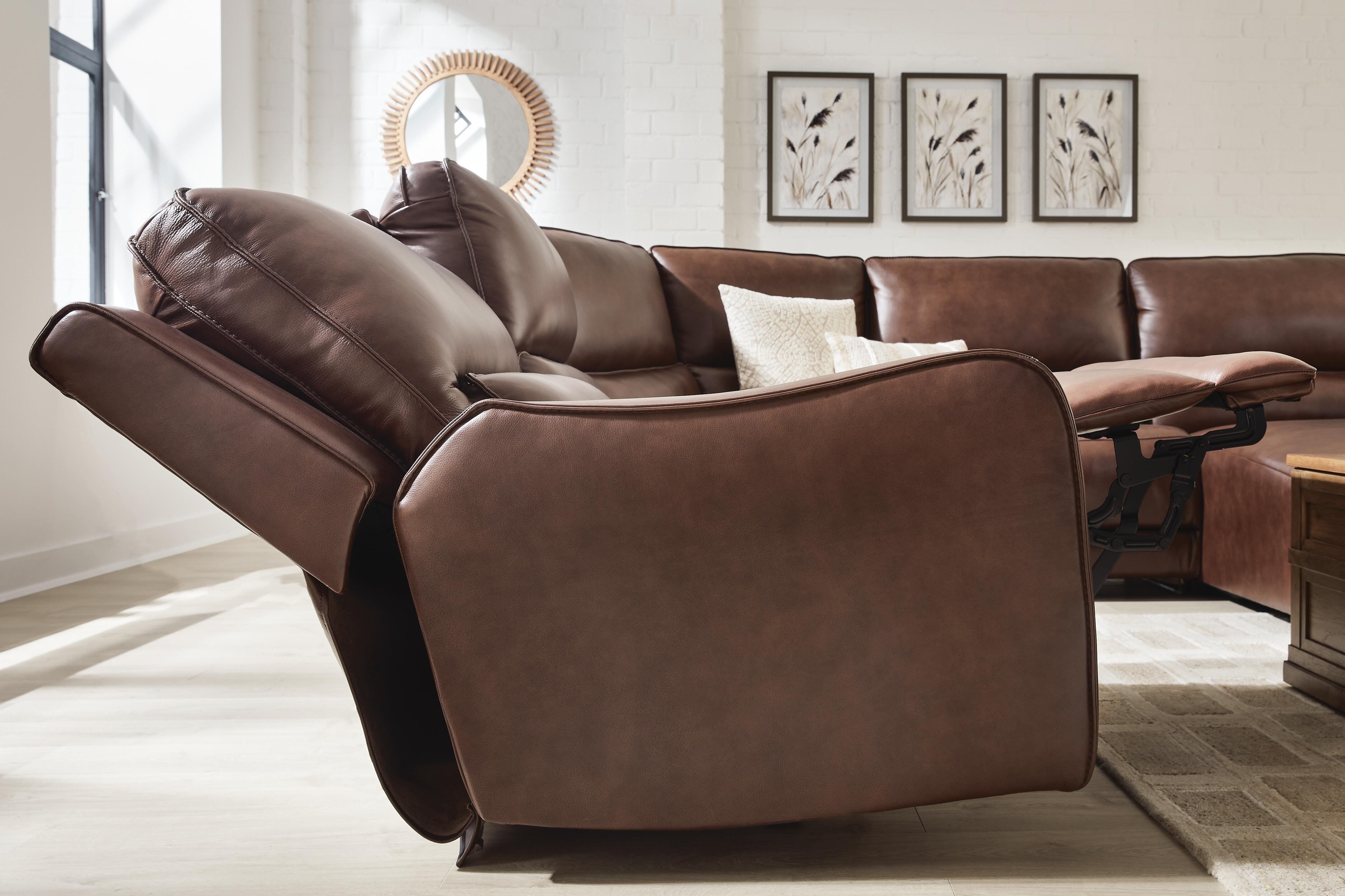 DeepWakes 7-Piece RAF Chaise Reclining Sectional and Storage Consoles in Canyon Leather