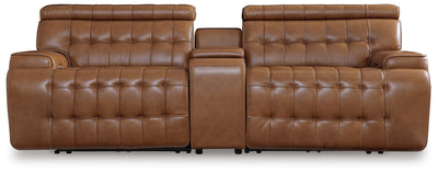 Temmpton 3-Piece Power Reclining Sectional Loveseat with Console in Chocolate Leather